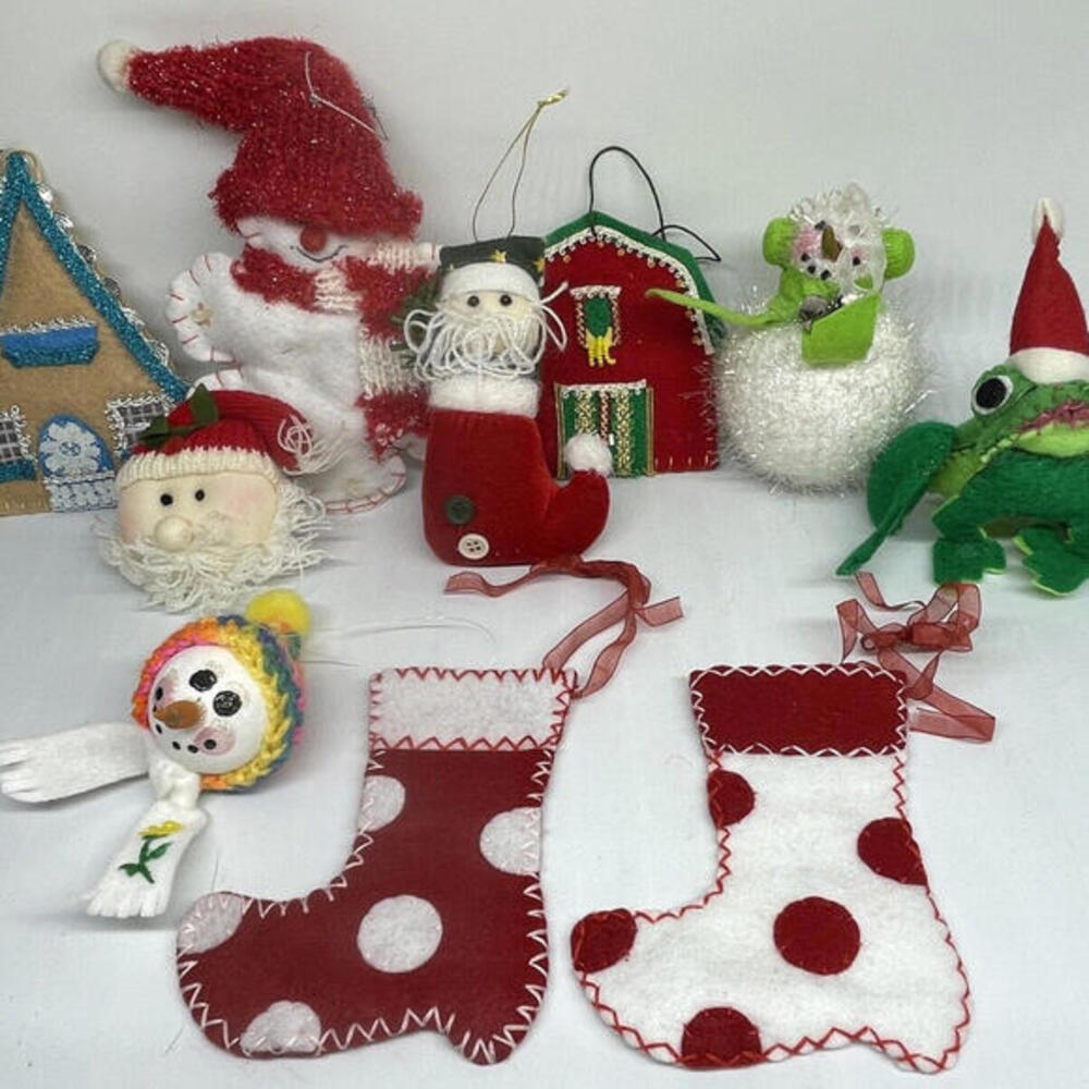 Snowman Frog Santa Gingerbread House‎ Felt Christmas Ornaments LOT of 10 Cute